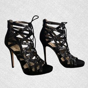 Sam Edelman Essex Lace Up Caged Leather and Suede Heels Black Size 8M​